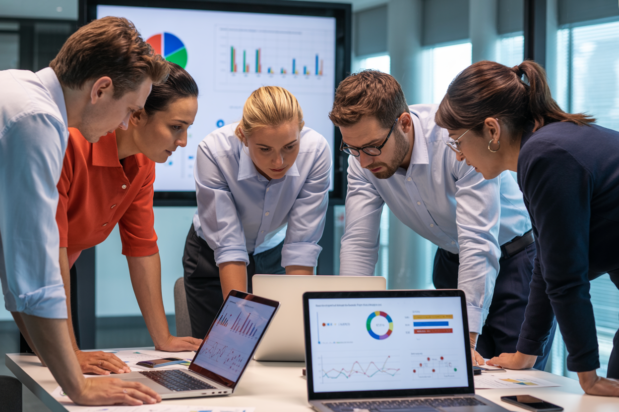 Diverse team collaborating on digital transformation project with data visualizations and technology screens in modern office setting