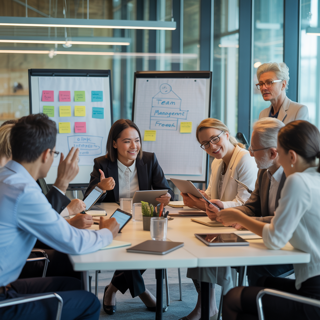 Business leaders participating in leadership training workshop whilst discussing team management strategies and collaboration techniques