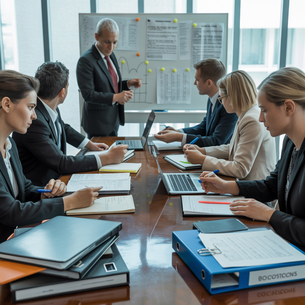 Procurement professionals learning contract management and strategic sourcing techniques whilst reviewing supplier agreements and tendering processes in training workshop