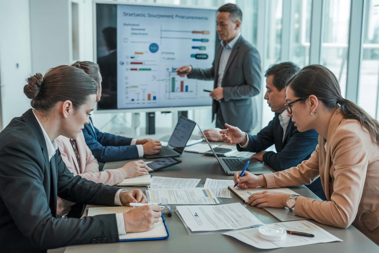 Diverse group of procurement specialists and contract managers collaborating on supplier selection and negotiation strategies in professional training environment